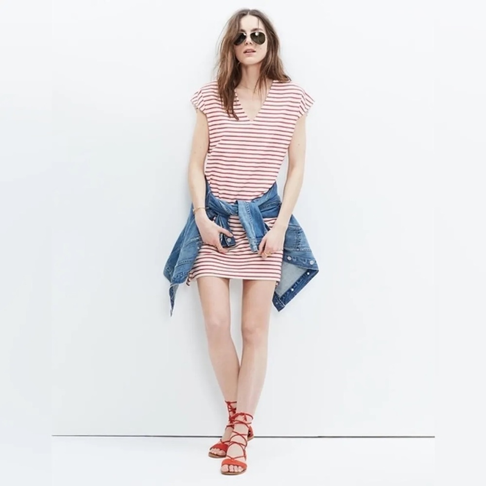 Madewell Striped Vacances Red & Cream V-Neck Cotton Blend Dress Size Small